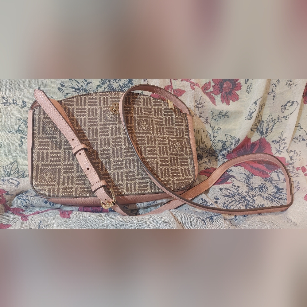 Anne Klein Tan and Pink Patterned Shoulder Bag with Gold Medallion - Picture 6 of 10